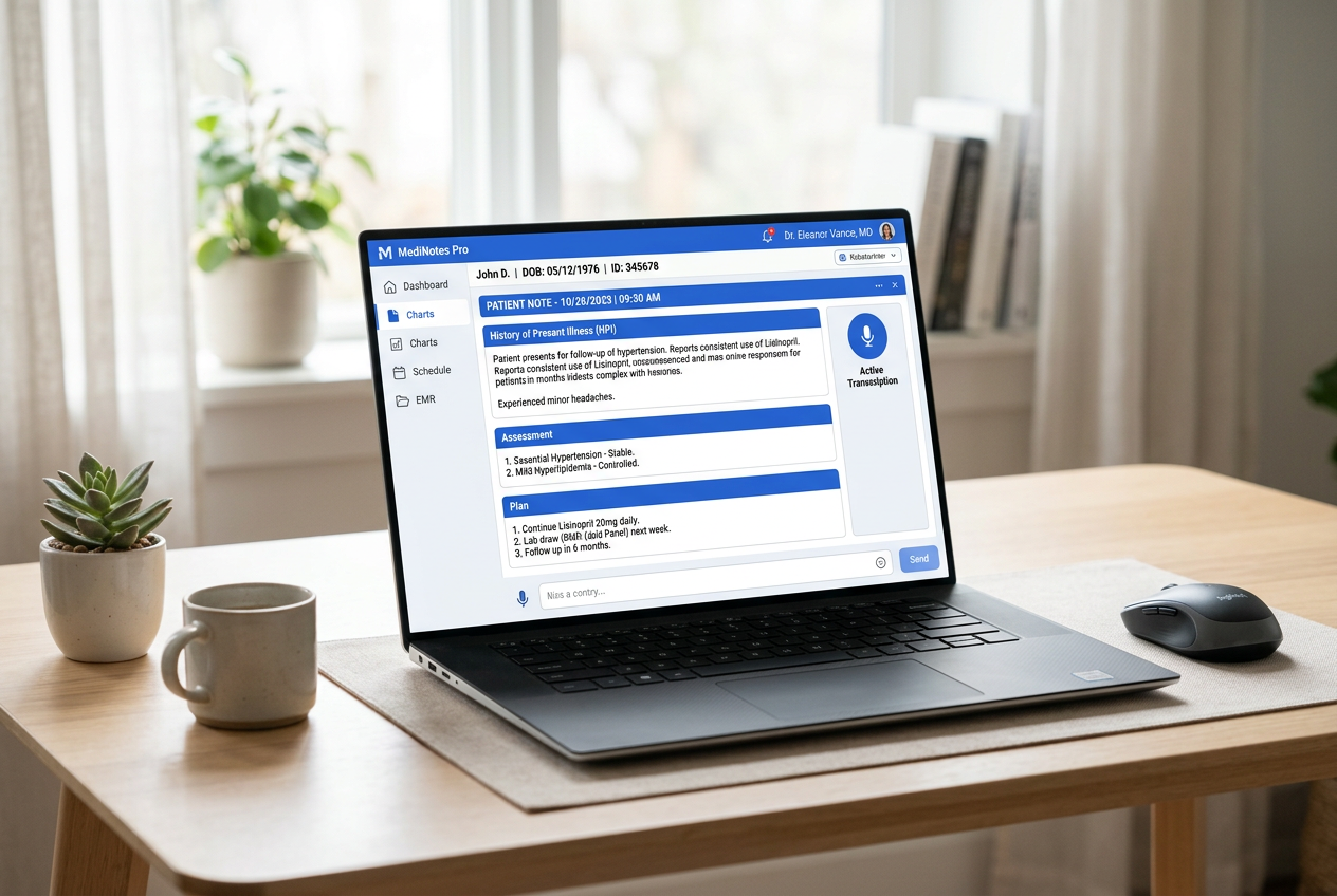 Clinical documentation software showing a structured patient note