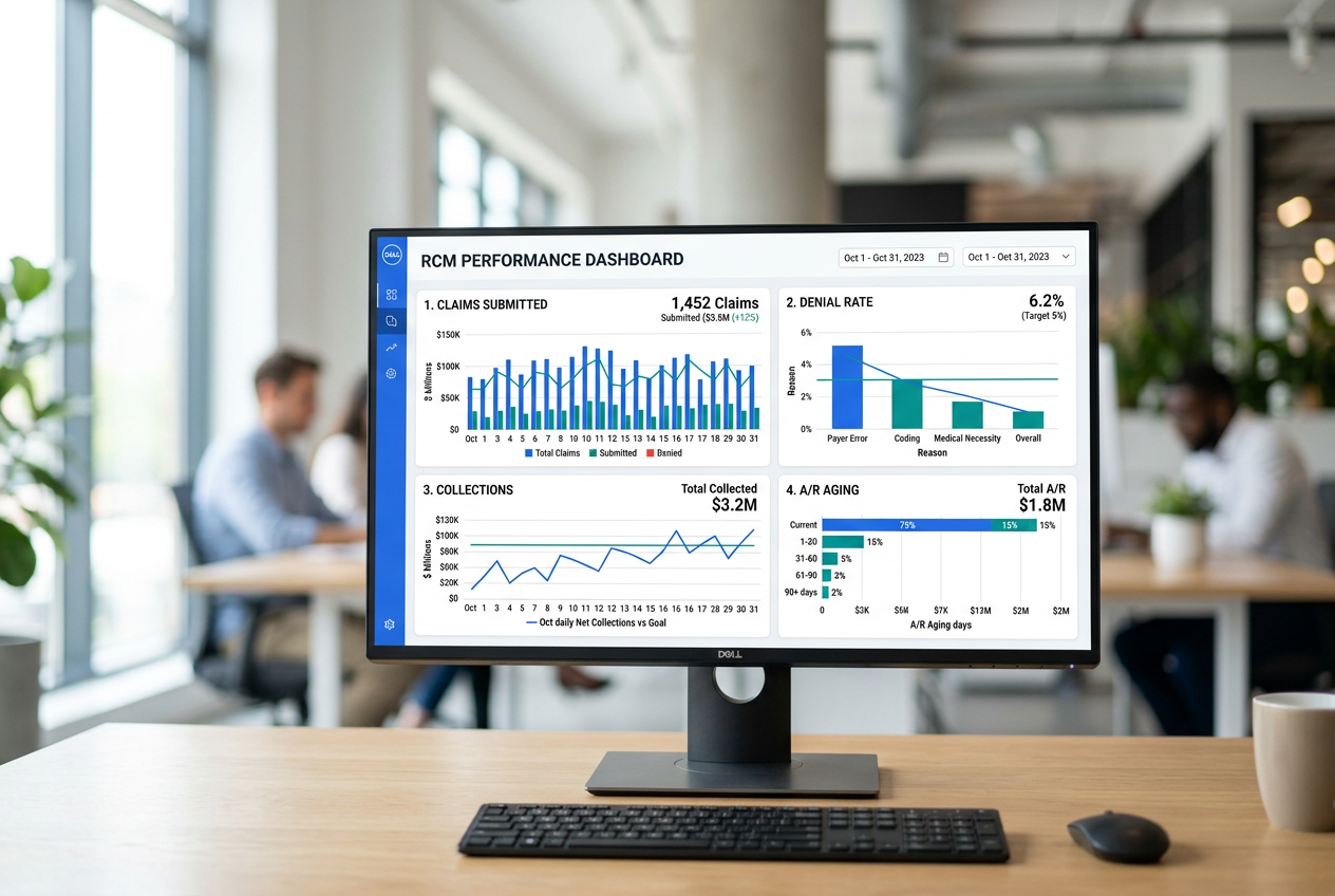 Revenue cycle management analytics dashboard (illustrative)